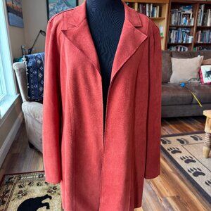 Premise faux suede open jacket in rust orange color. Size M